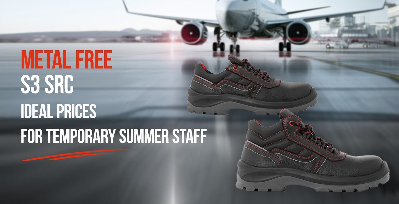 Metal free safety shoes with airport background